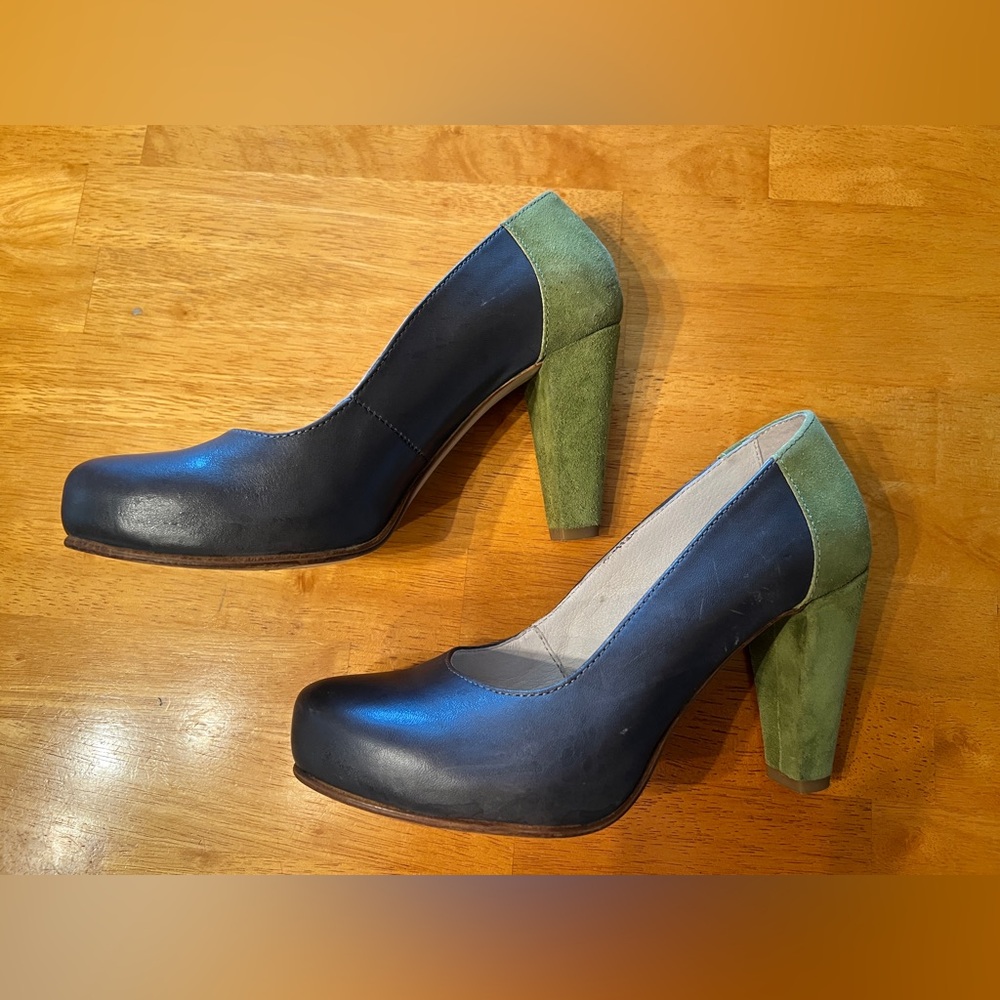 Gray and Green Block Heel Pumps with Platform Sole